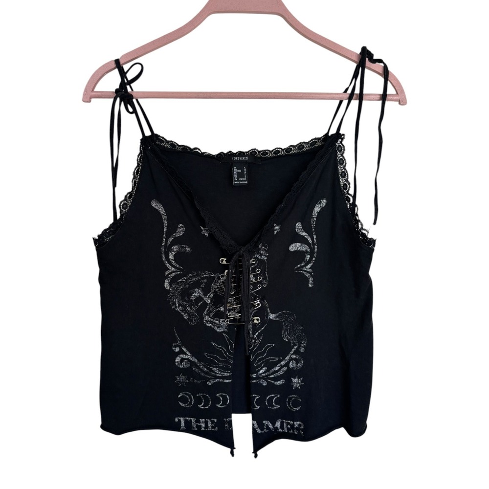 Womens Black Graphic Lace Trim Safety Pin Goth Cami Top Sz L Grunge Witchy Punk